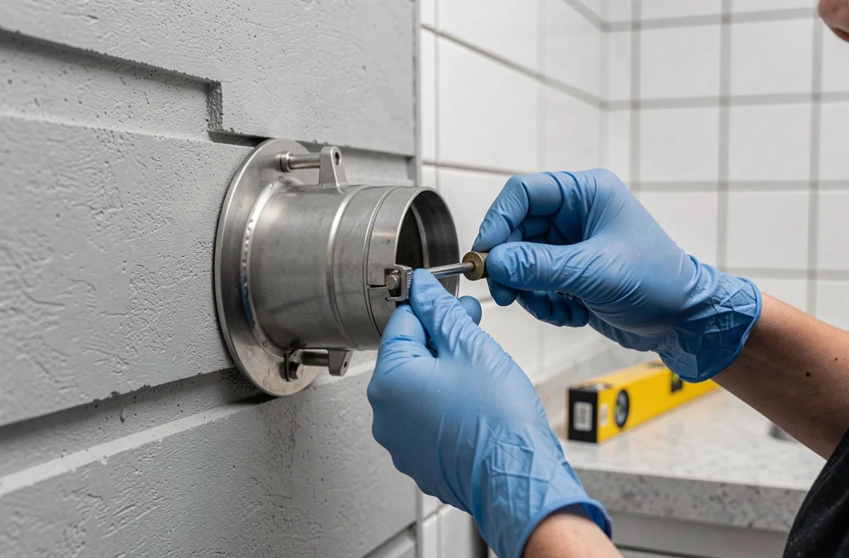 Gros plan sur le raccordement d'un conduit horizontal de poêle à granulés traversant un mur extérieur avec chapeau de protection inox