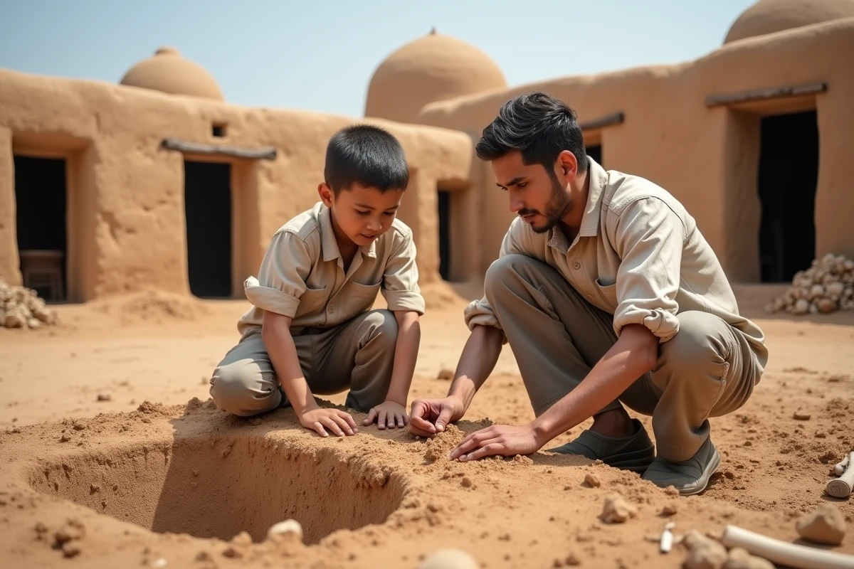 Père et fils construisant un mur en adobe