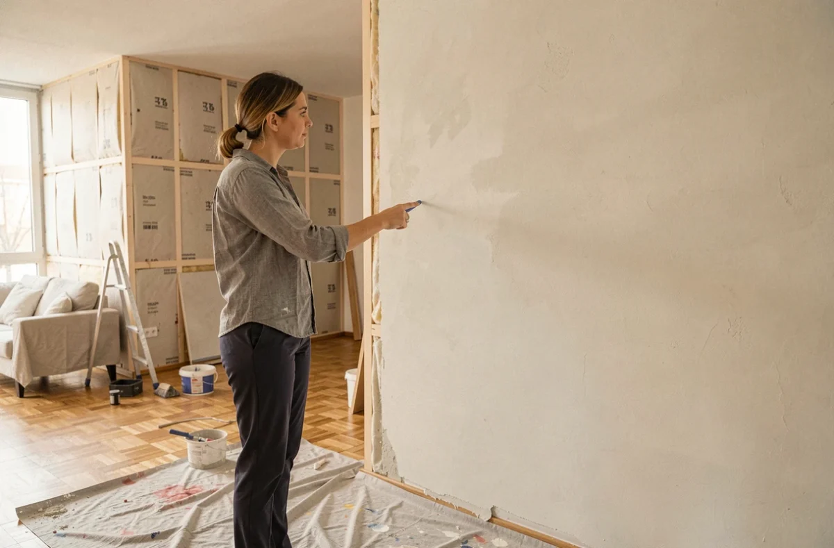 Consultante en rénovation présentant un mur intérieur isolé avec finition plâtre dans un appartement moderne