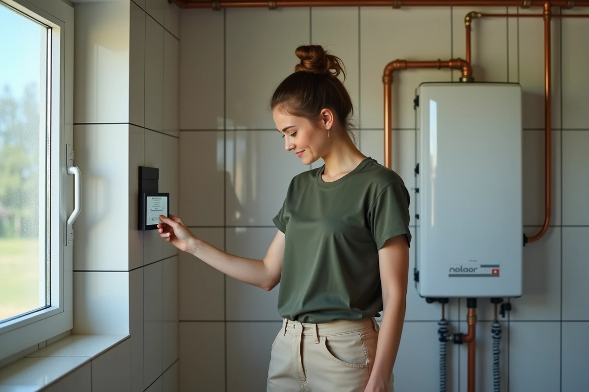 Femme vérifiant un panneau de contrôle solaire dans une pièce lumineuse