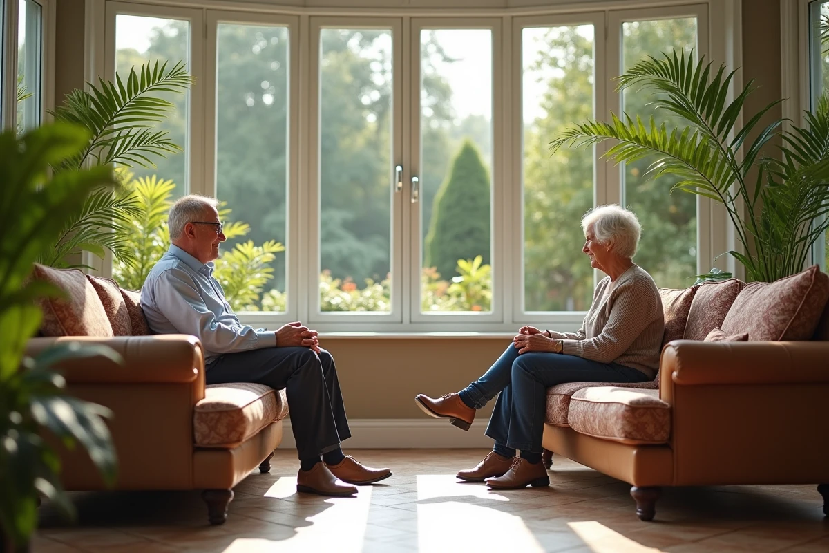 Homme et femme discutant dans un conservatoire lumineux