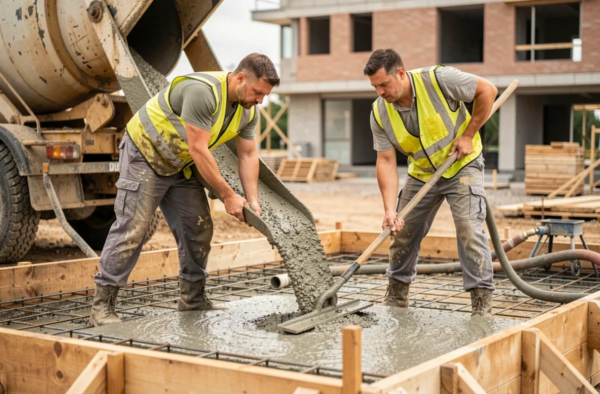 Ouvriers coulant et nivelant une dalle béton armée sur chantier de construction avec coffrage bois