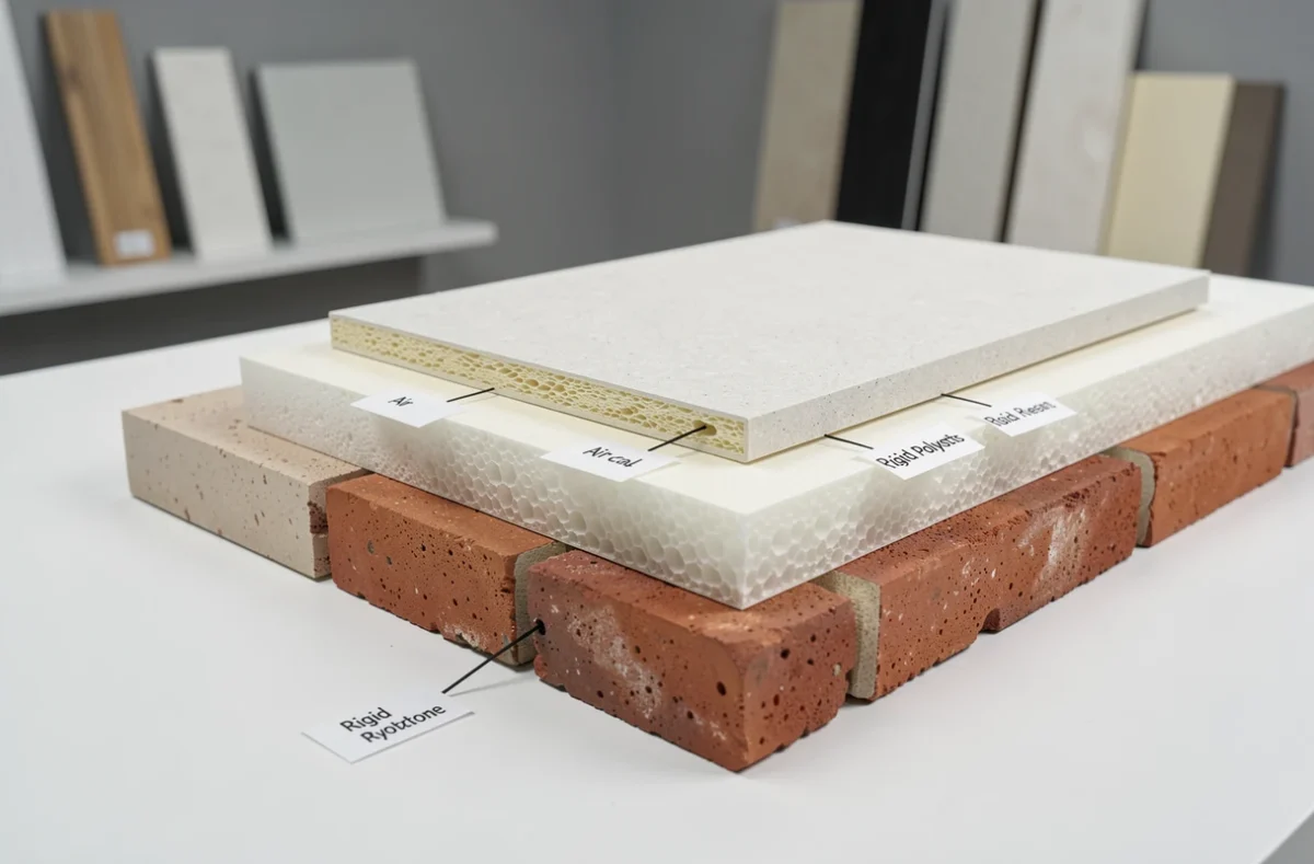 Coupe transversale d'un système d'isolation murale multicouche avec étiquettes techniques sur table de présentation