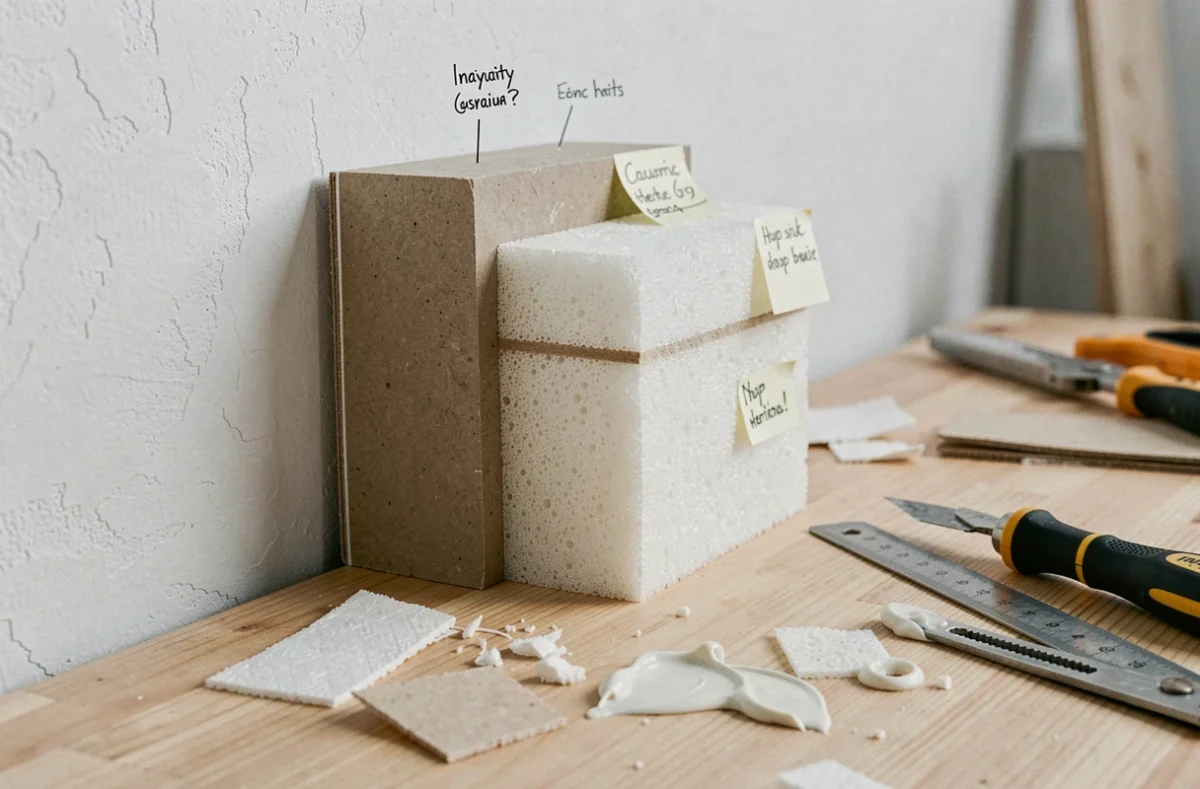 Coupe transversale d'un papier peint phonique multicouche montrant mousse et revêtement décoratif