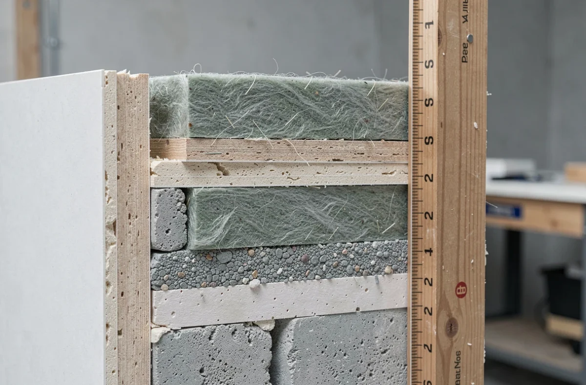 Coupe transversale d'un mur intérieur montrant les différentes couches d'isolation thermique entre plaque de plâtre et parpaing