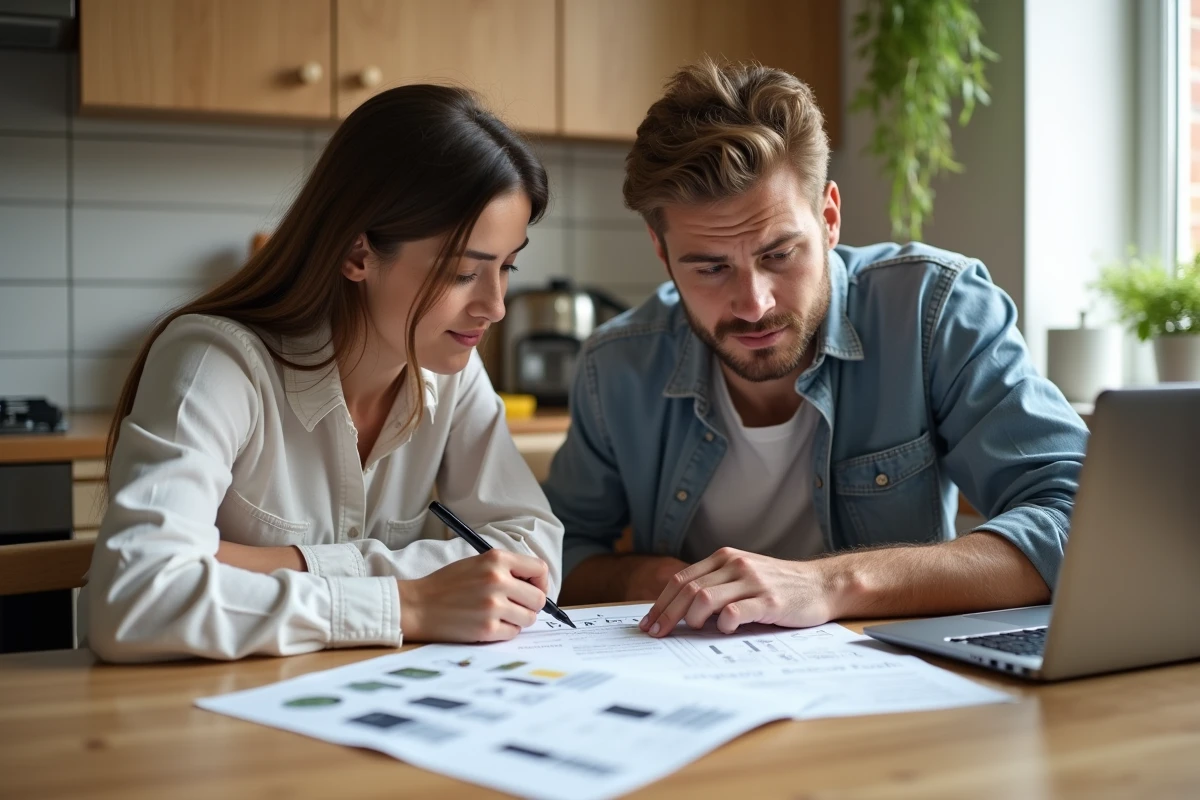 Un couple étudie attentivement un devis d'architecte intérieur à leur domicile avant de prendre une décision