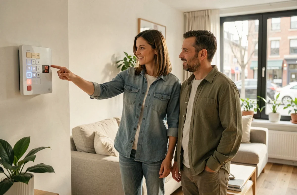 Couple consultant un panneau de contrôle domotique avec interrupteurs bouton poussoir pour suivre et réduire leur consommation électrique à domicile