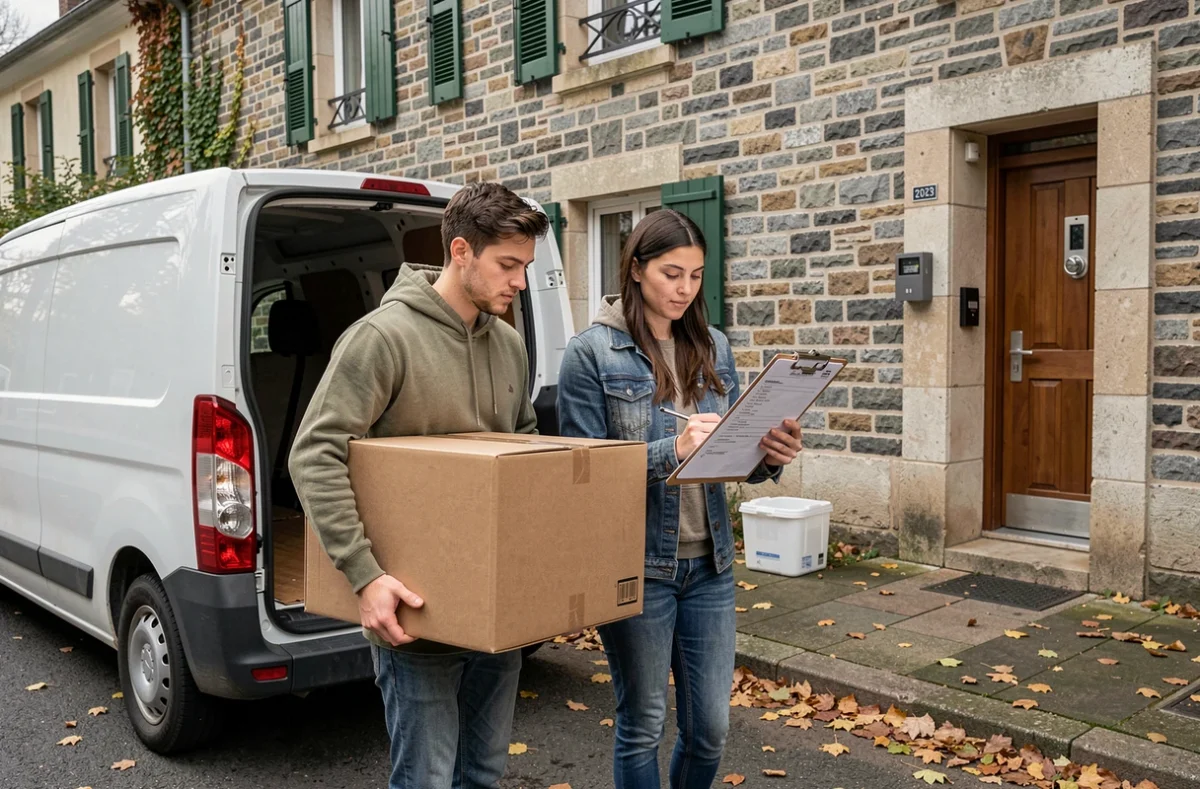 Couple de fonctionnaires déchargeant un camion de déménagement devant un immeuble résidentiel français