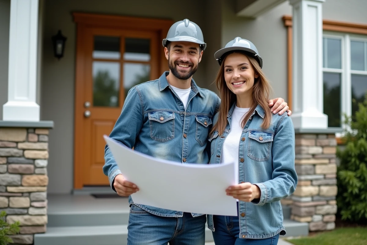 Jeune couple devant leur maison renovée avec plans de renovation