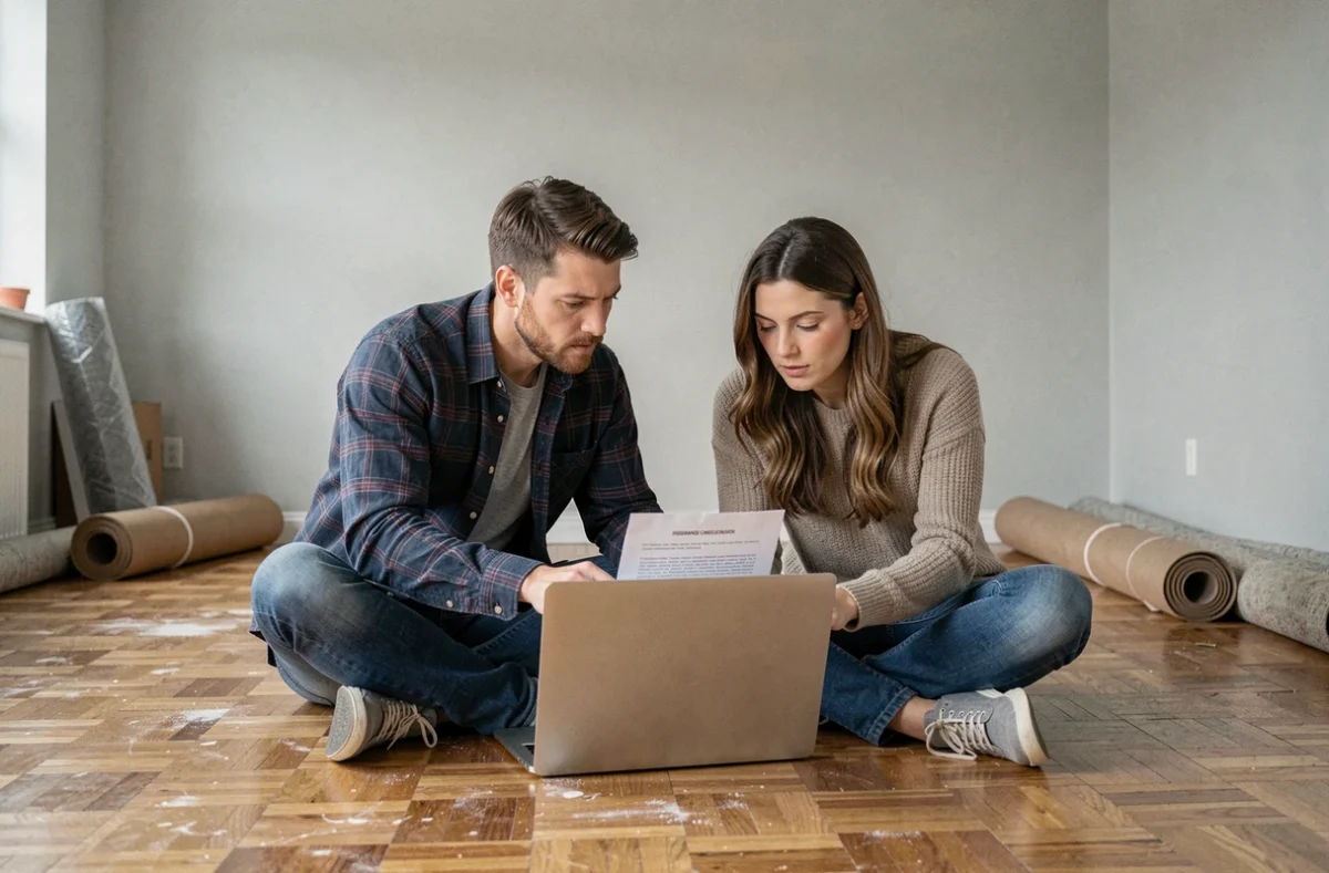 Couple consultant une lettre de résiliation d'assurance habitation sur ordinateur dans un appartement en cours de déménagement