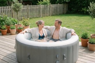 Couple se relaxant dans un spa gonflable rond installé sur une terrasse en bois dans un jardin privatif