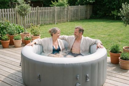 Couple se relaxant dans un spa gonflable rond installé sur une terrasse en bois dans un jardin privatif