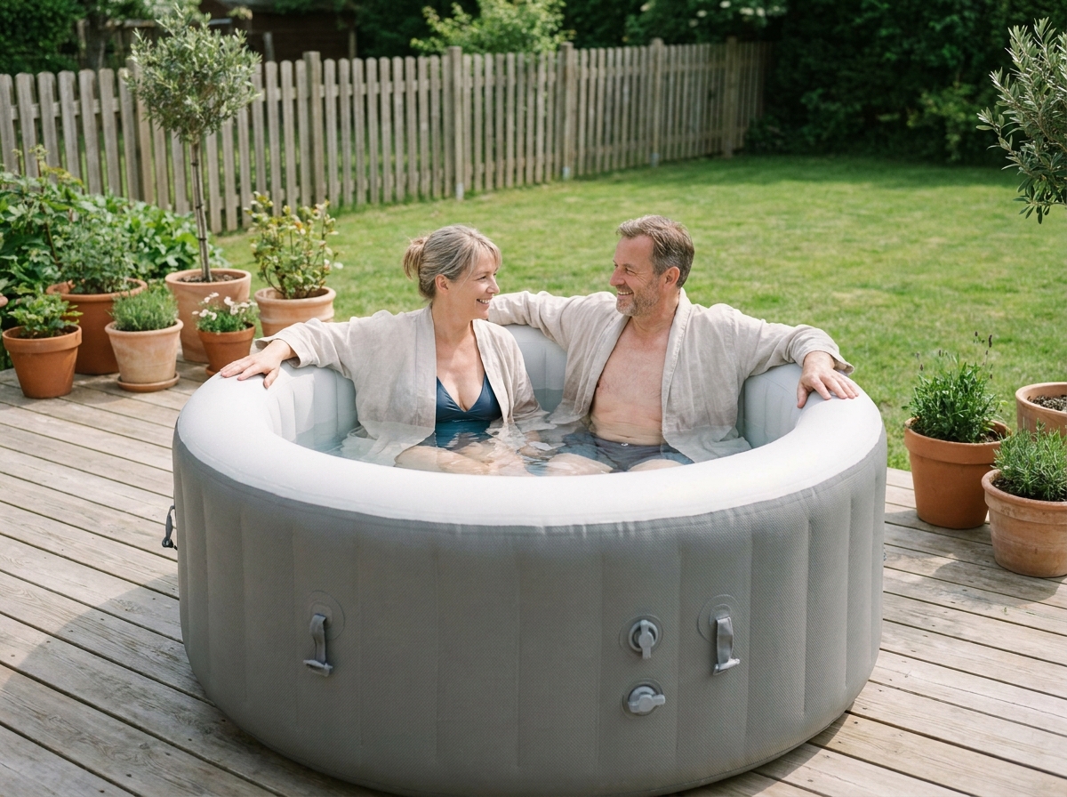 Couple se relaxant dans un spa gonflable rond installé sur une terrasse en bois dans un jardin privatif