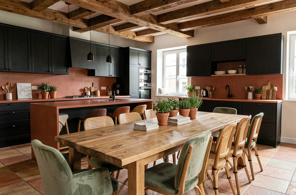 Cuisine et salle à manger en open space rénovée dans une maison de ville strasbourgeoise, alliance de cabinetry noir mat et de tons terracotta chaleureux