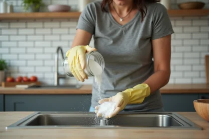 Femme versant du bicarbonate de soude dans un évier de cuisine en inox pour déboucher le siphon sans plombier