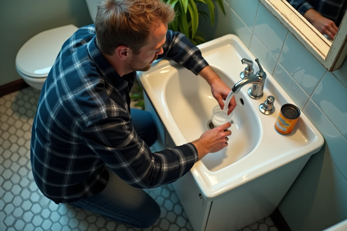 Homme utilisant du bicarbonate de soude et du vinaigre blanc pour déboucher un évier de salle de bain sans faire appel à un plombier