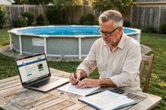 Homme remplissant un formulaire de déclaration administrative pour une piscine hors sol dans son jardin