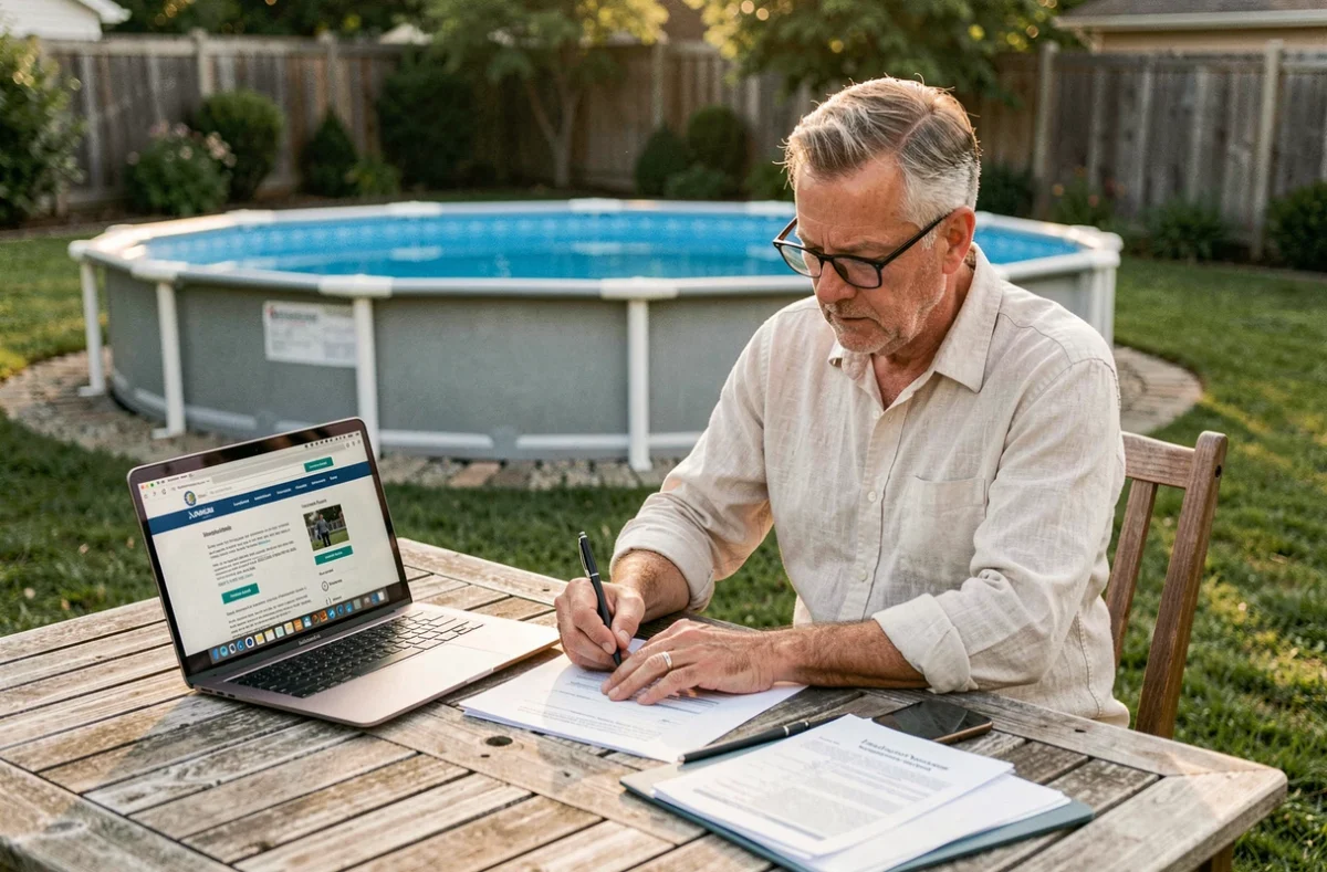 Homme remplissant un formulaire de déclaration administrative pour une piscine hors sol dans son jardin