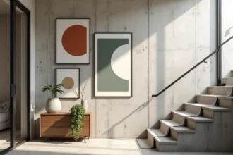 Mur cage d'escalier moderne avec galerie de cadres géométriques sur béton brut, console bois vintage et plantes vertes