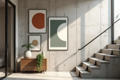 Mur cage d'escalier moderne avec galerie de cadres géométriques sur béton brut, console bois vintage et plantes vertes