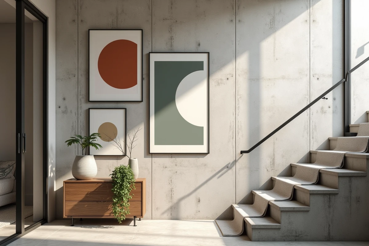 Mur cage d'escalier moderne avec galerie de cadres géométriques sur béton brut, console bois vintage et plantes vertes