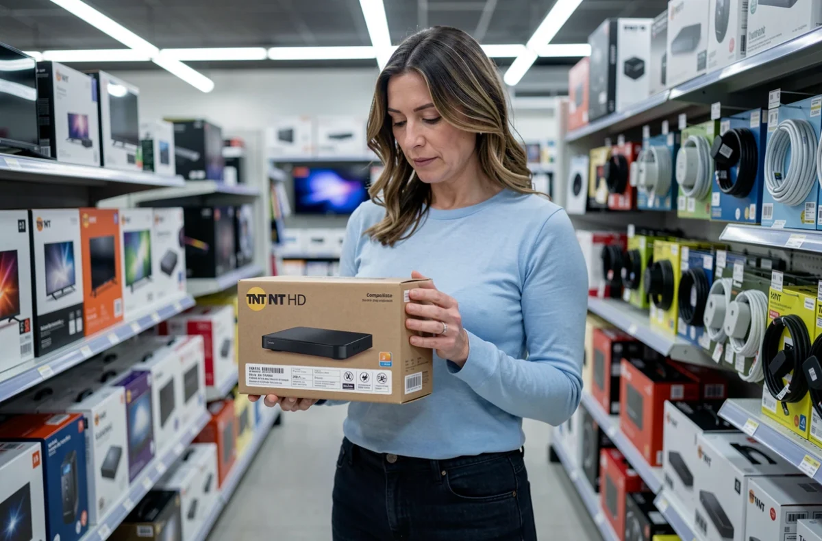 Femme examinant un décodeur TNT HD dans un rayon de magasin électronique pour vérifier la compatibilité de son installation