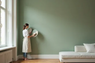 Décoratrice intérieure comparant des nuanciers de peinture vert sauge sur un mur fraîchement peint dans un salon minimaliste en 2026