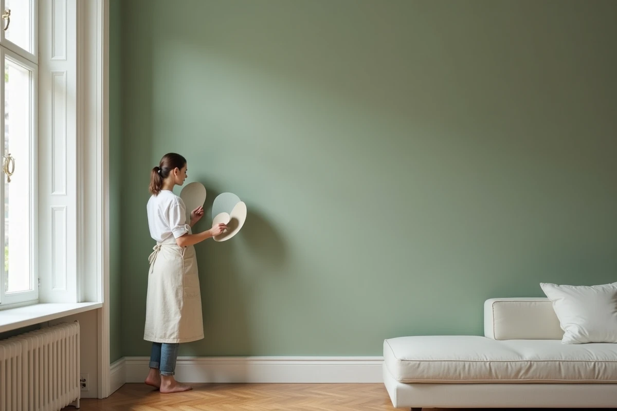 Décoratrice intérieure comparant des nuanciers de peinture vert sauge sur un mur fraîchement peint dans un salon minimaliste en 2026