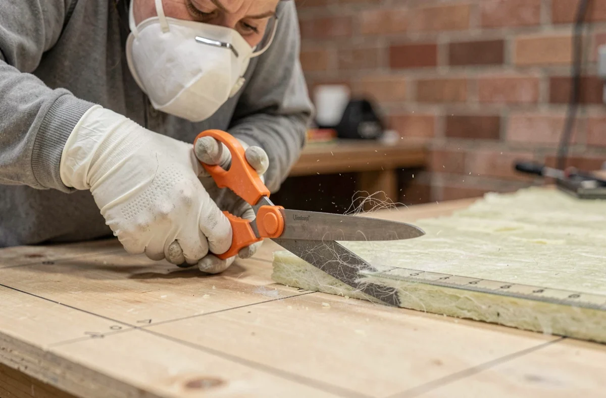 Femme artisane découpant précisément un morceau de laine de verre avec des ciseaux sur un établi de chantier