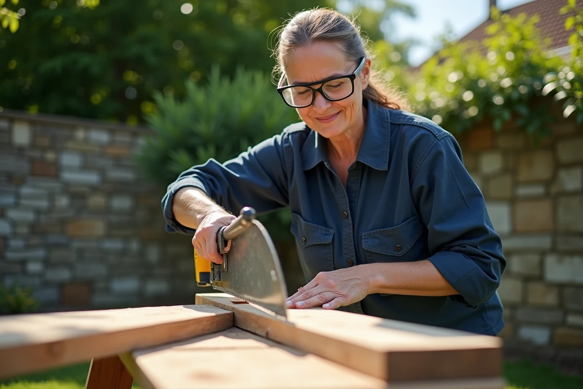 Femme découpant des lames de bois à la scie égoïne dans un jardin pour la fabrication de volets artisanaux