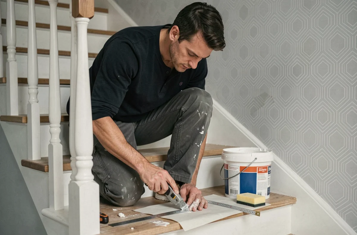 Homme découpant le papier peint en bas d'un mur d'escalier avec un cutter et une règle métallique