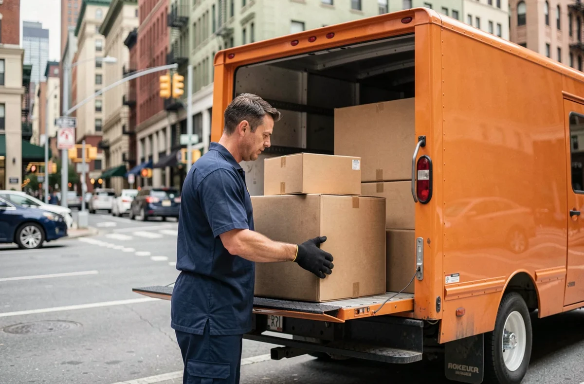 Déménageur professionnel chargeant des cartons dans un camion de location orange en ville