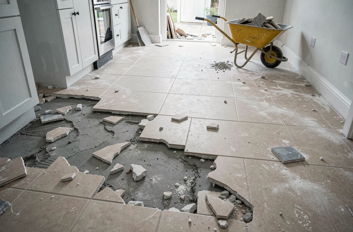 Carrelage de cuisine en cours de dépose montrant la surface au sol partiellement retirée avec débris et béton apparent