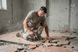 Ouvrier en train de déposer du carrelage au sol avec un marteau piqueur dans une salle de bain en rénovation
