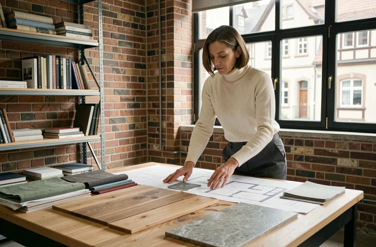 Designer d'intérieur strasbourgeoise consultant des échantillons de matériaux dans son atelier pour un projet résidentiel contemporain
