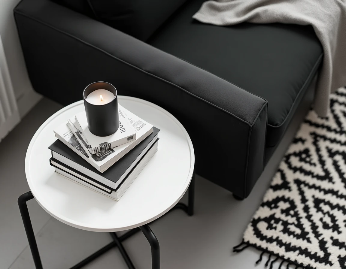 Détail déco salon noir et blanc avec fauteuil anthracite, table ronde blanche et accessoires tendance à petit prix