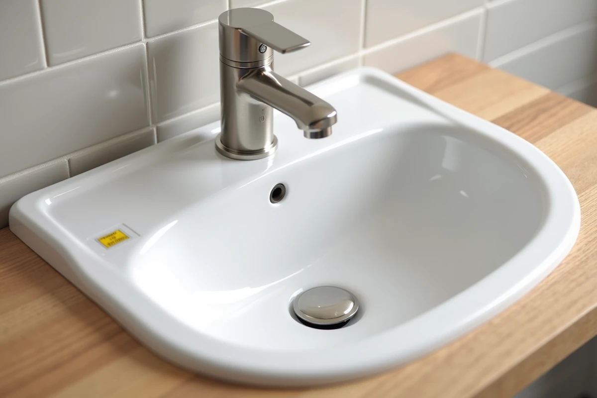 Détail installation lavabo enfant avec protection de siphon et robinetterie levier adaptée à la sécurité