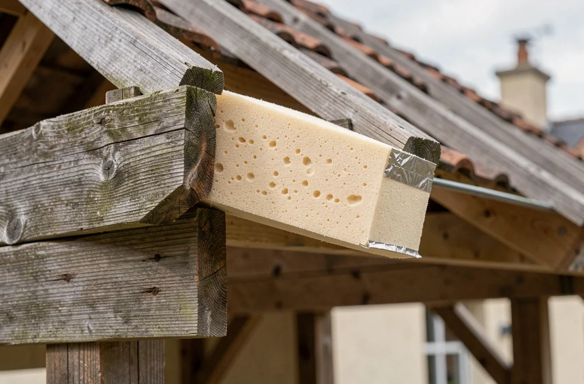 Gros plan sur des panneaux isolants en polyuréthane rigide installés sous la charpente d'une toiture en rénovation
