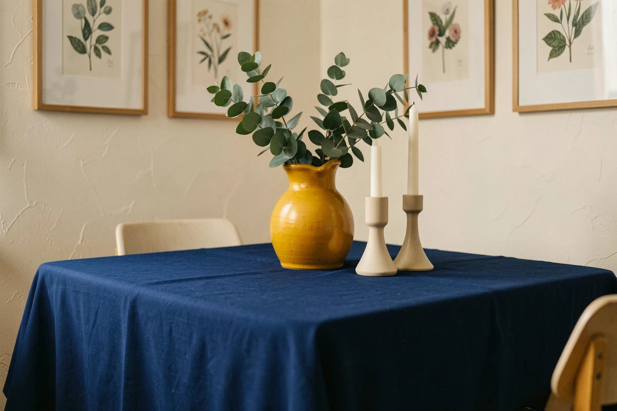 Détail de table à manger avec nappe bleu marine, vases jaune moutarde et vaisselle crème pour une décoration en couleurs contrastées