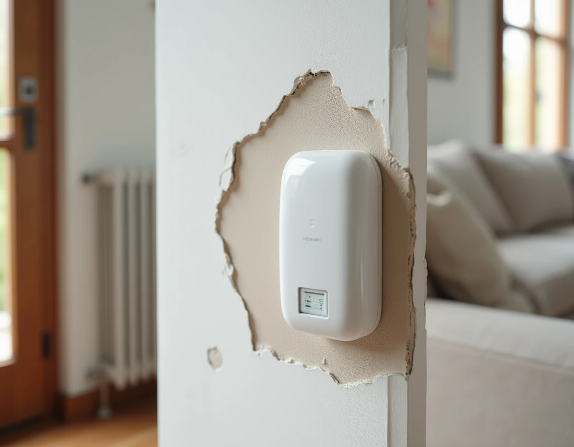 Détecteur d'humidité connecté fixé sur un mur avec traces d'humidité et début de moisissures visibles dans un salon