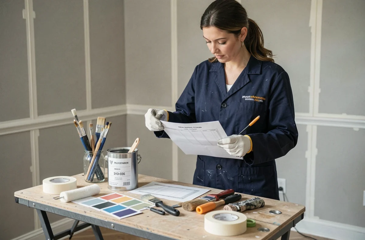 Peintre en bâtiment étudiant un devis de pose de peinture avec fournitures et matériaux sur un chantier intérieur