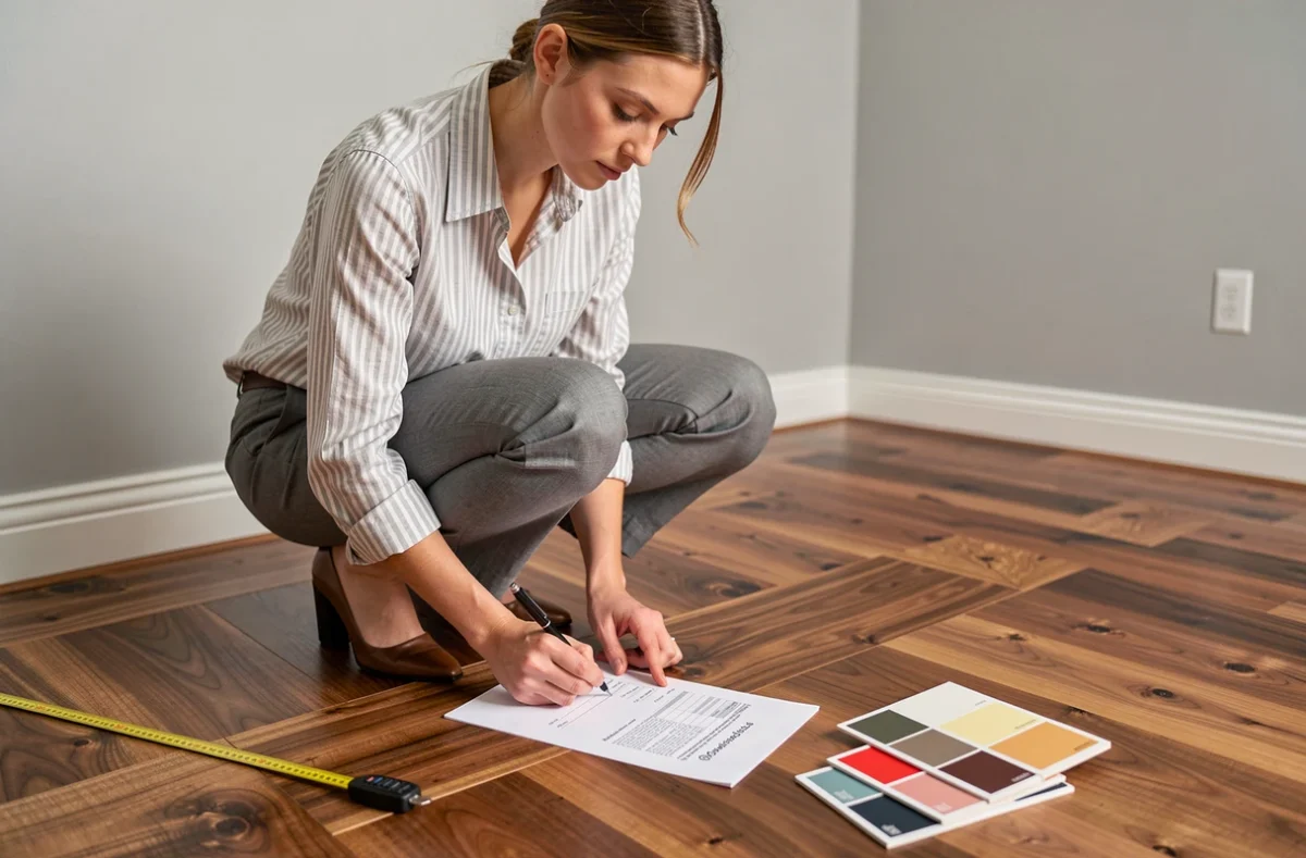 Propriétaire consultant un devis de ponçage et vitrification de parquet en noyer massif dans une maison rénovée