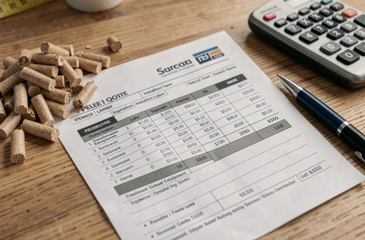 Devis détaillé pour l'achat et la pose d'un poêle à granulés posé sur un bureau en bois avec des granulés de bois et une calculatrice