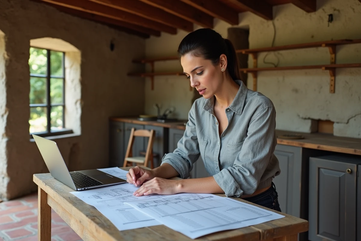Propriétaire étudiant un devis de rénovation pour maison ancienne à la campagne avec plans et budget sur table en bois