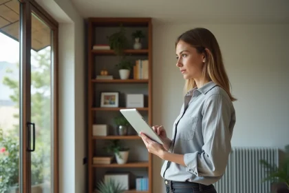 Femme réalisant un diagnostic énergétique dans un salon moderne avec tablette numérique près des fenêtres à double vitrage