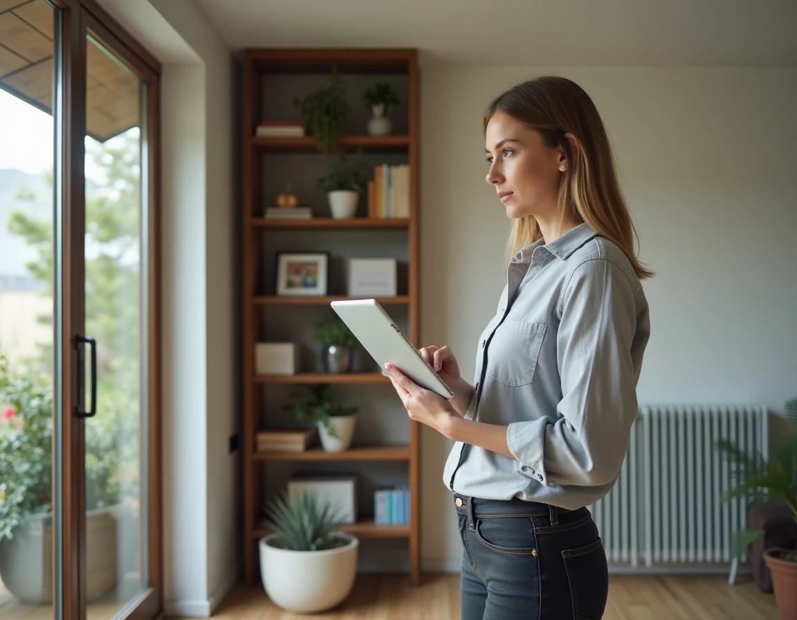 Femme réalisant un diagnostic énergétique dans un salon moderne avec tablette numérique près des fenêtres à double vitrage
