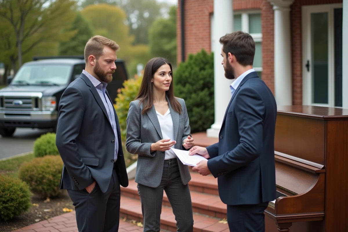 Femme discutant avec déménageurs près d