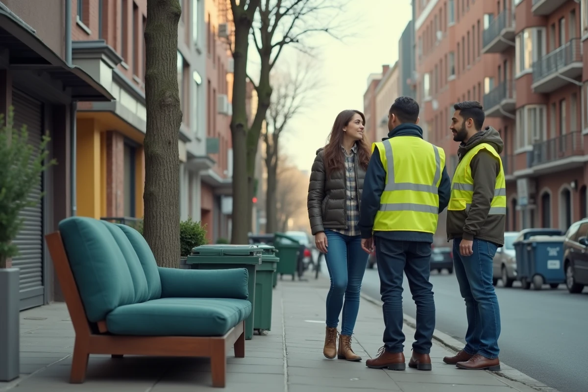 Jeune couple discutant avec des agents municipaux devant un sofa usé