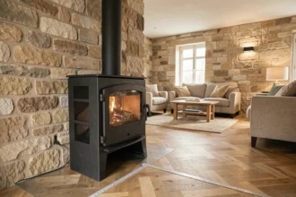 Poêle à bois en fonte installé dans un salon avec distances de sécurité respectées par rapport au mur en pierre