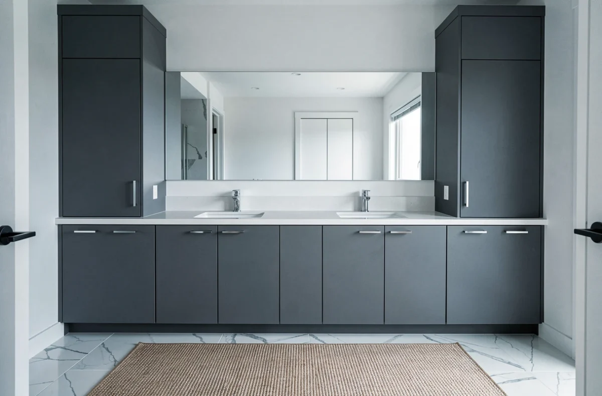 Grande salle de bain avec double meuble vasque et long plan de travail en quartz blanc continu